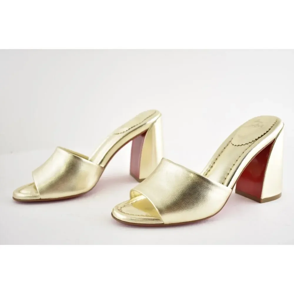 Christian Louboutin Jane Mule 85 Platine Gold Leather Backless Sandal Heels 36